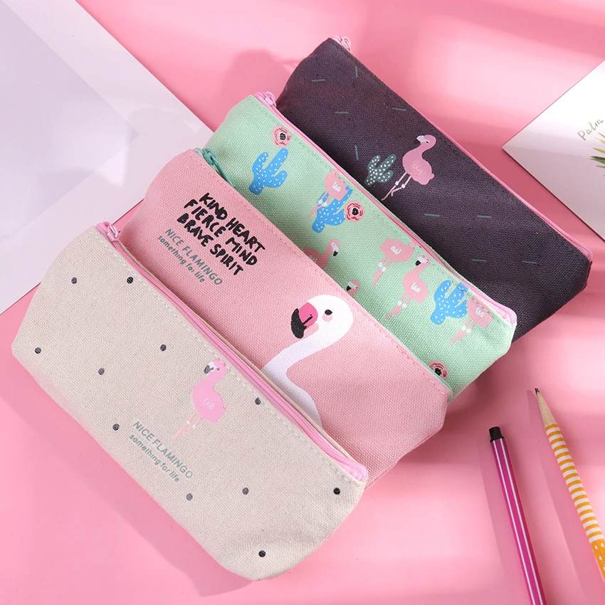Оригинальный чехол для карандашей холщовые сумки с фламинго Женская ручка пенал