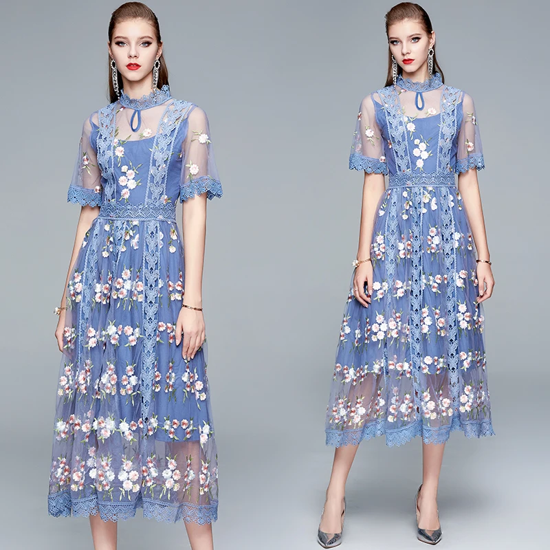 

Simgent High End Runway Dress 2021 Summer Fashion Women Mesh Patchwork Floral Embrodiery Lace Up Midi Dress Vestidos SG14137