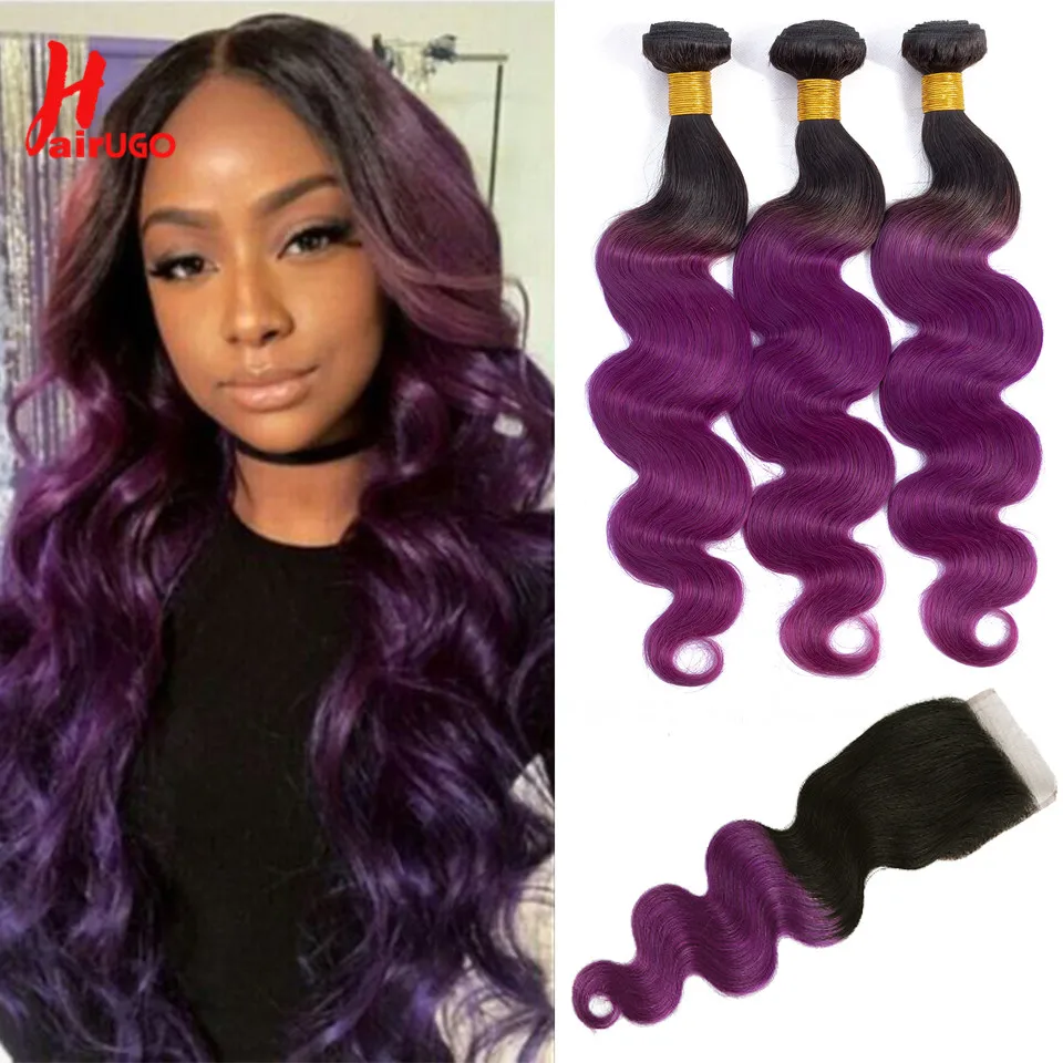 1B/Purple Human Hair Bundles With 4*4 Lace Closure Remy Ombre Malaysian Hair Bundle Body Wave HairUGo 100% Human Hair Extensions