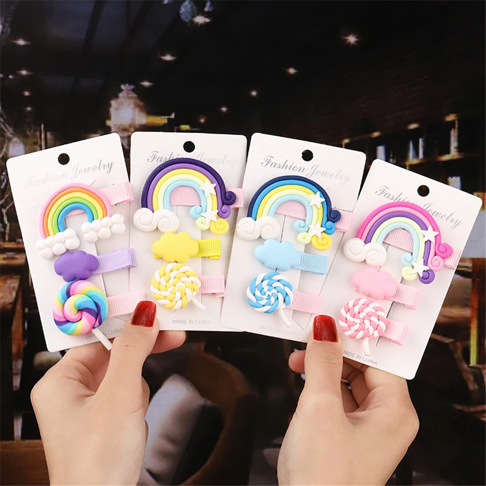 

Korean Newly Design Sale Kids Fashion Hair Accessories Kawaii Rainbow Hair Clips Children Girls Cute Hairpin Set Wholesale