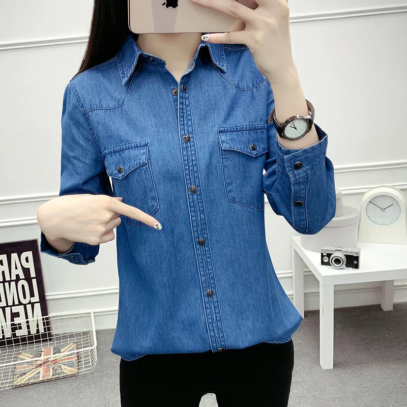 

Long Sleeve Cotton Denim Shirts For Women New Casual Loose Blue Chemise Jeans Femme Spring Autumn Woman Tops Outwear Jean Blouse