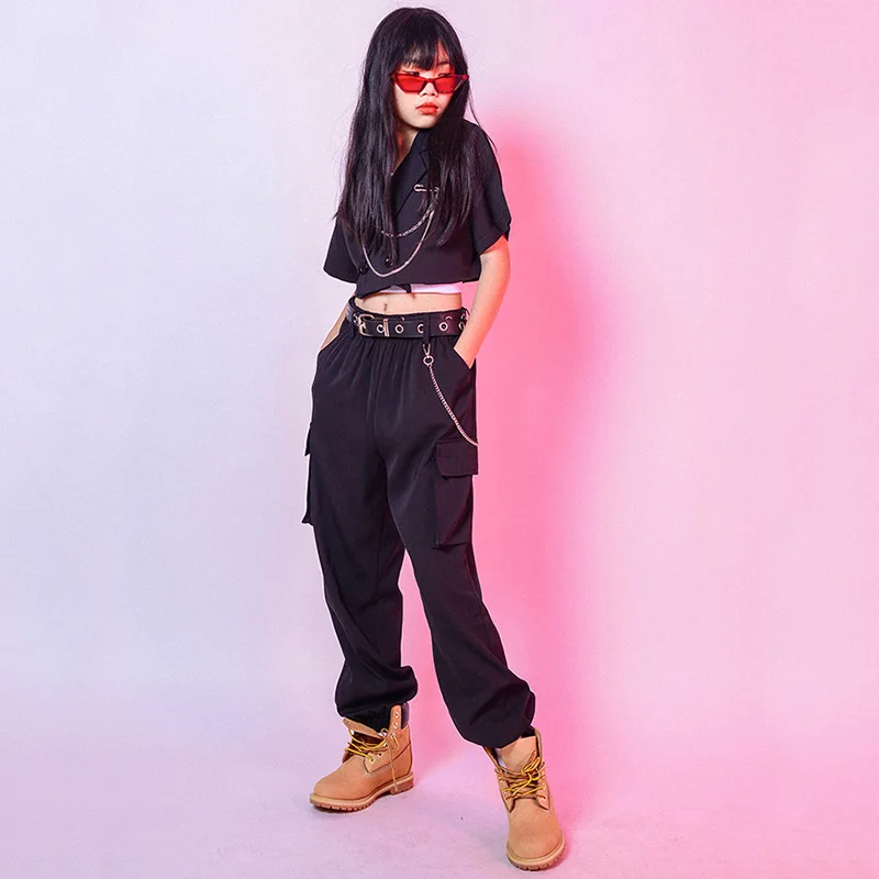 Новинка танцевальные костюмы для девочек в стиле хип-хоп черный топ с коротким