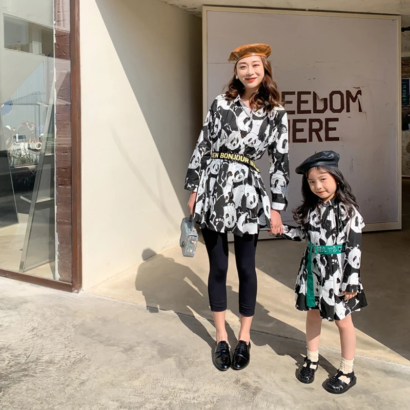 

Family Matching Outffits 2021 New Spring Girl Kids Fashion Dresses Long Sleeve Cartoon Panda Print Costumes For Women