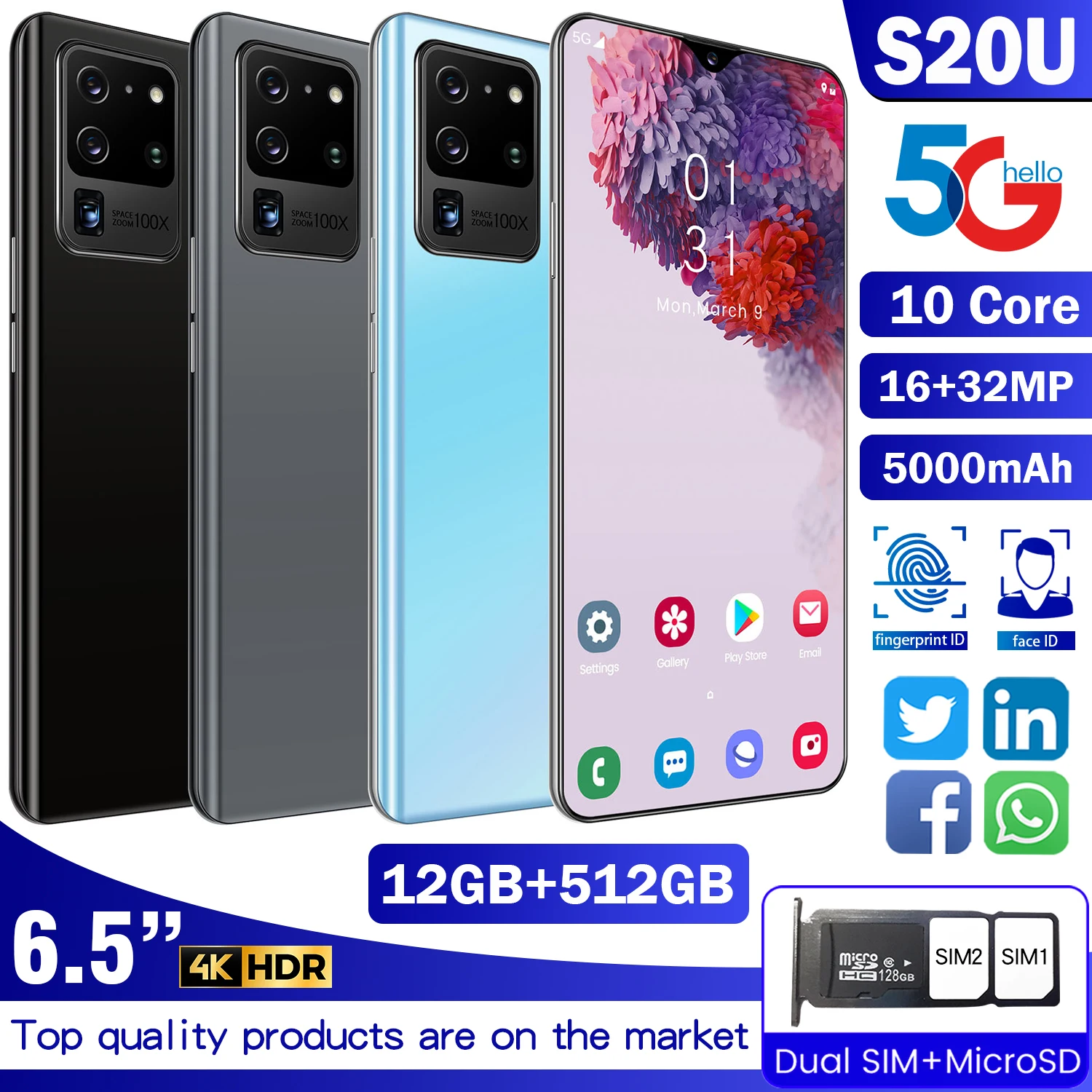 

Global Version S20U 6.5-inch Smartphone Full Screen 12G+512G Face Recognition Fingerprint Unlock Android 5G Network Phone