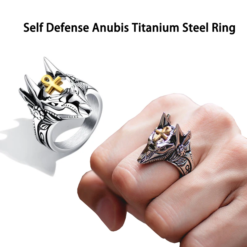 

Outdoor Personal Self Defense Ring Punk Anubis Egyptian Cross Beast Anti-wolf Finger Ring Titanium Steel Vintage Wolf Rings Gift