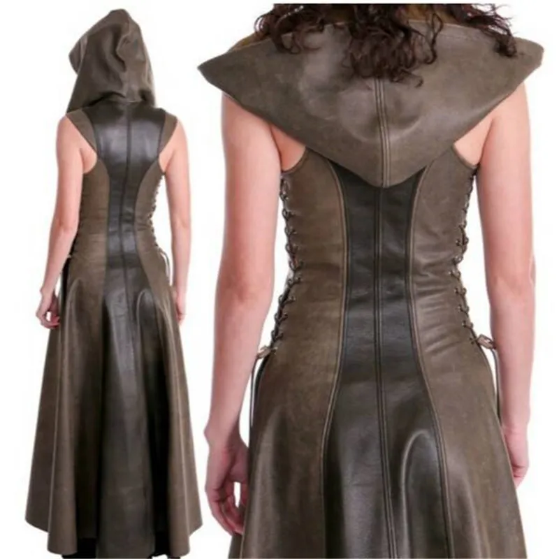 

Fashion Women Cosplay Anime Cosplay Costume Fashionable Hooded Archer Costume Leather Long Dress Sleeveless Medieval Women Suit