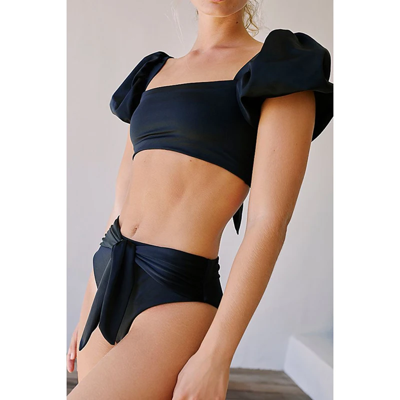 2020 Sexy New Bikini Print High Waist Solid White Black Swimsuit Female Bandeau Sleeve Biquini Swimwear Women Bathingsuit | Женская
