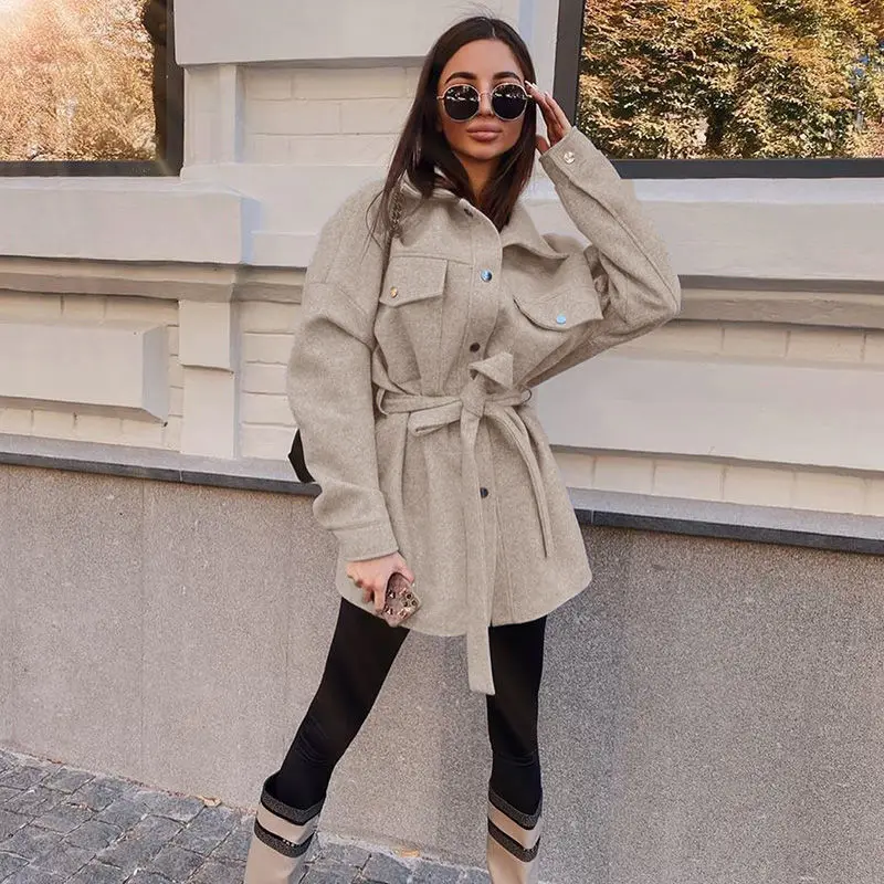

Woman Parkas Woolen Jacket Waistband Mid-length Autumn and Winter New Women's Clothing All-match Blouse Trend Loose Camel Coat