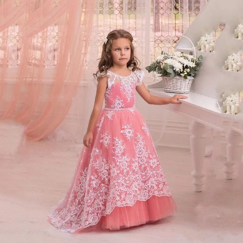 

Lace First Holy Communion Dresses Kids Evening Gowns Floor Length Little Flower girl Dresses Blush Pink Pageant Gown