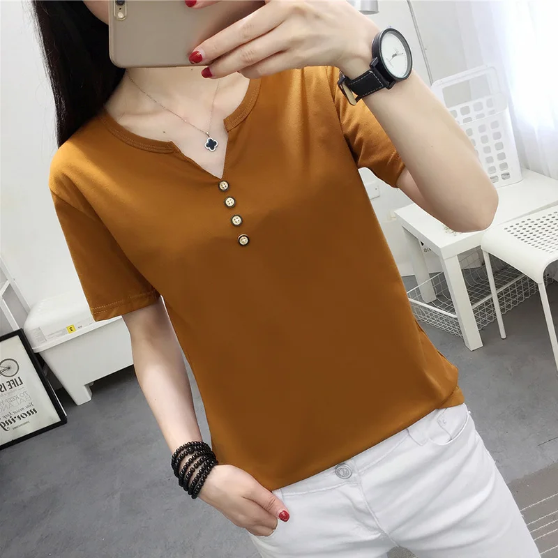 2021 Summer New Arrival Solid Color V-Neck Minimalism Casual All Matched Short Sleeves Women T-shirt | Женская одежда