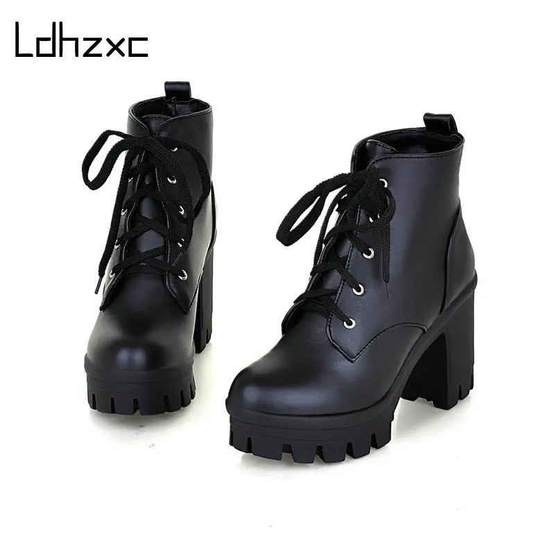 

LDHZXC New Brand 2020 Autumn Women Boots Platform High-heeled Thick High Heel Lacing Casual Shoes with Zipper Ankle Boots