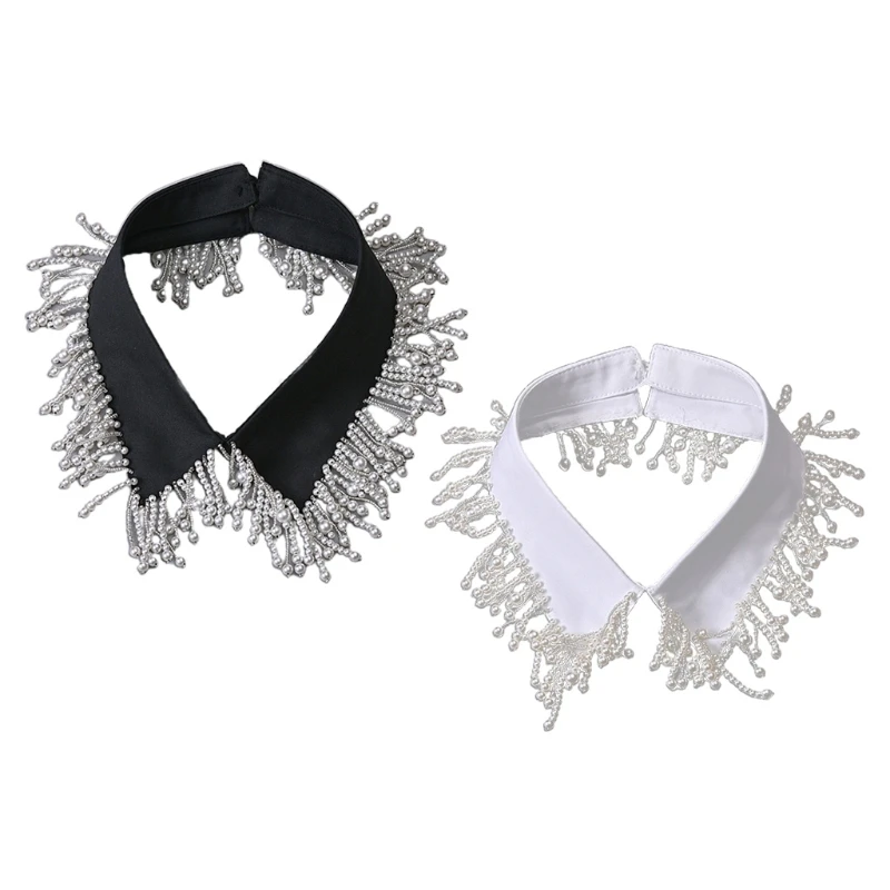 

Women Luxurious Imitation Pearl Beaded Fringe Tassels False Fake Collar Decorative Necklace Choker Detachable Jewelry Clothes