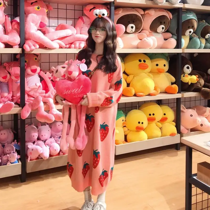 Kawaii розовый свитер длинный участок большого размера клубничный пуловер свитер зима женская корейская версия трикотажа осень теплая новая одежда