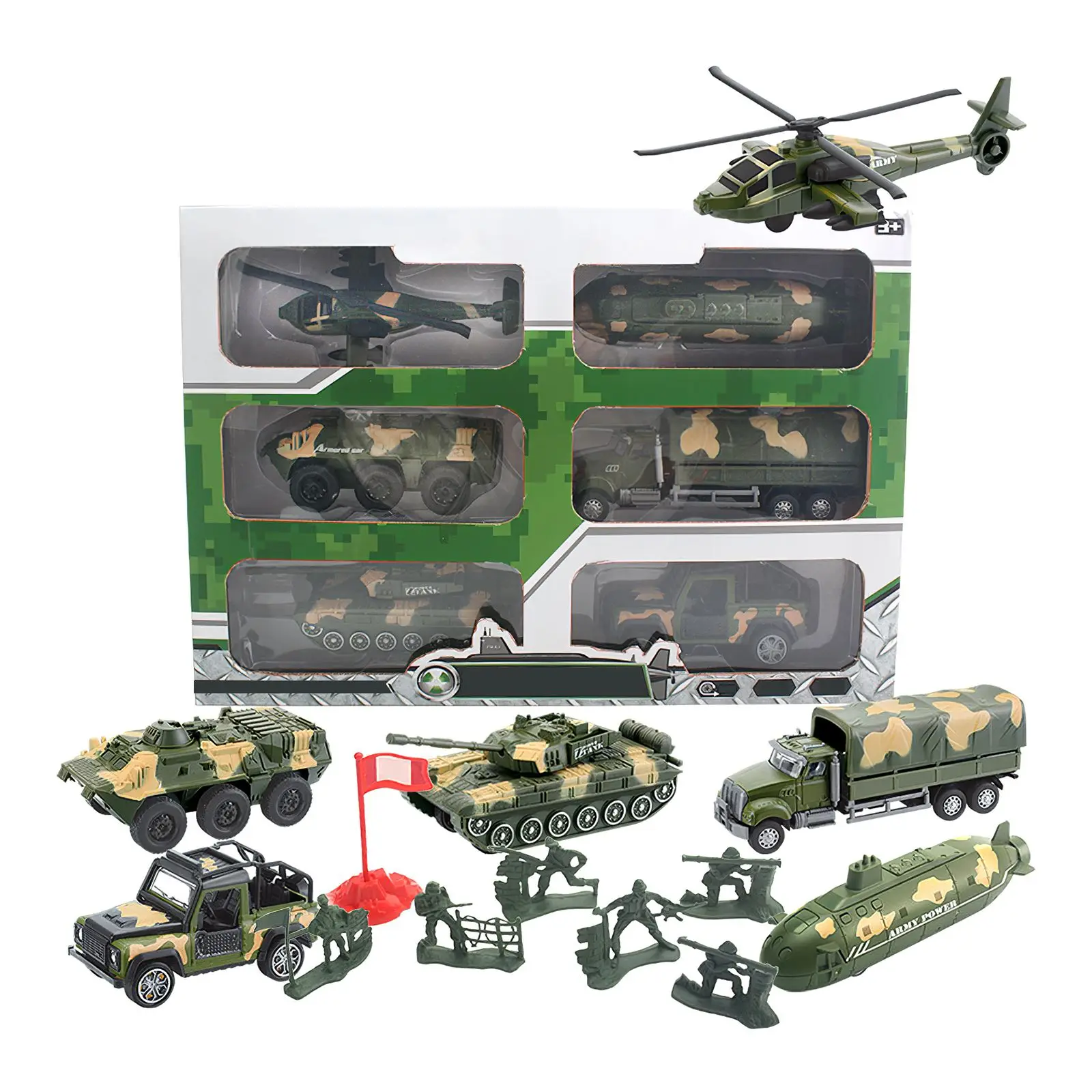 

6pcs Car Truck Plane Spaceship Figure Tanks Cars Submarine Helicopter Series Set Soldier Weapon Building Model Toy Boy Gift