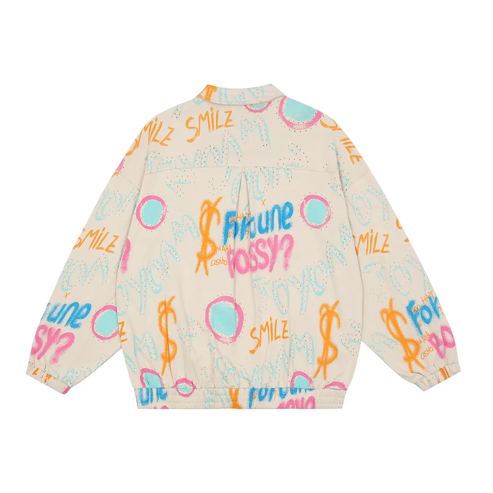

Letter Graffiti Printed Jacket Men's Streetwear Jackets Fashion Brand Hip Hop Loose Casual Man And Woman Turn Down Collar Coat