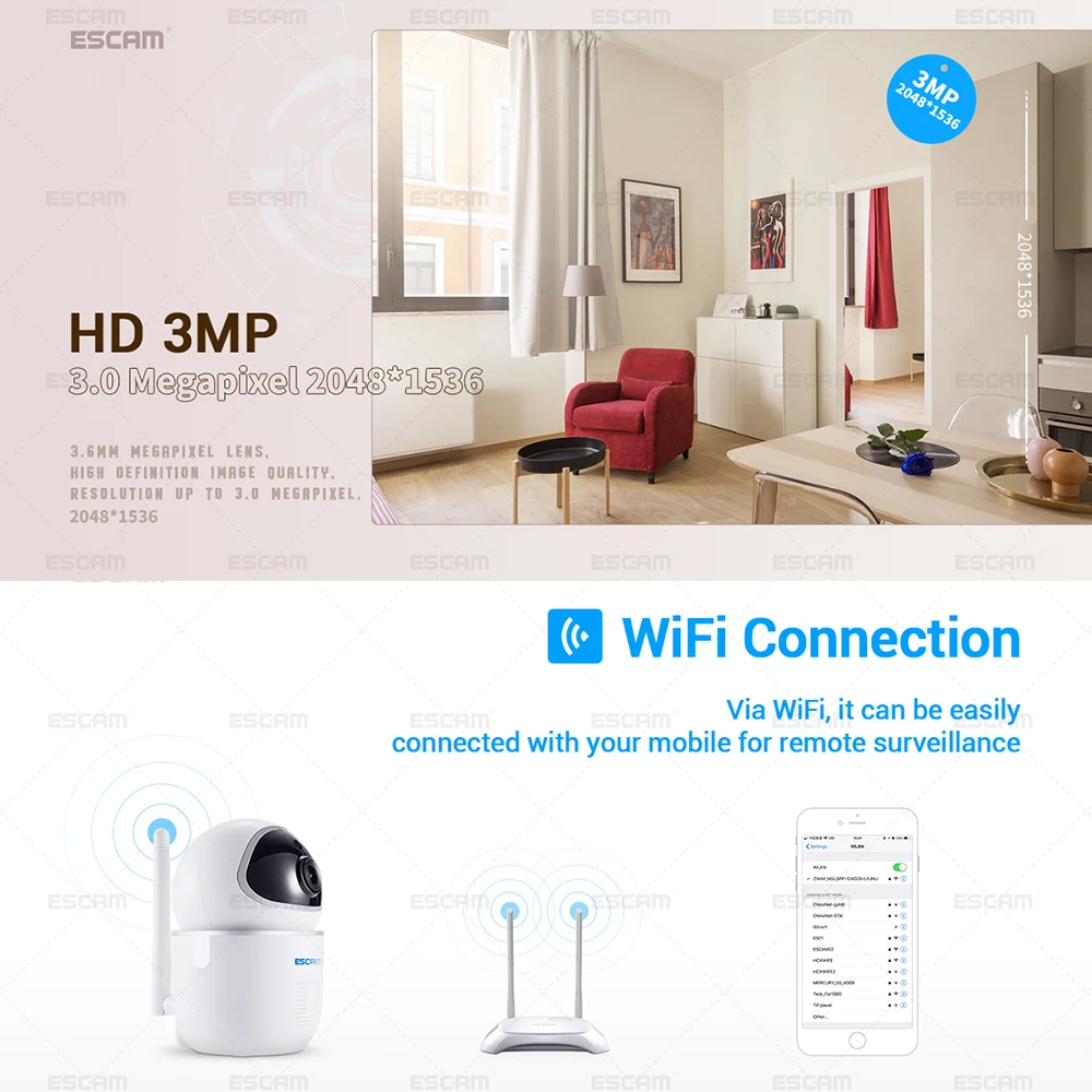 

ESCAM 3.0MP Pan/Tilt WiFi IP Camera 355Degree Panoramic Home Security Wireless Camera 2-way Audio Motion Detection Night Vision