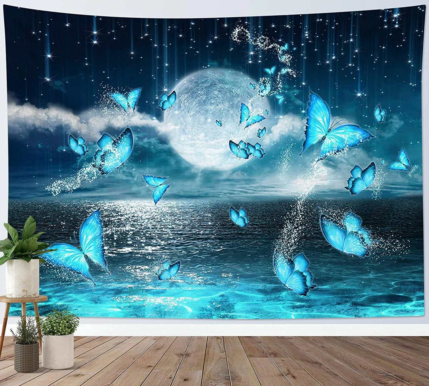 

Small Full Moon over Ocean Tapestry Wall Hanging Psychedelic Teal Butterfly Tapestry Starry Night Sky Moon and Stars Tapestries