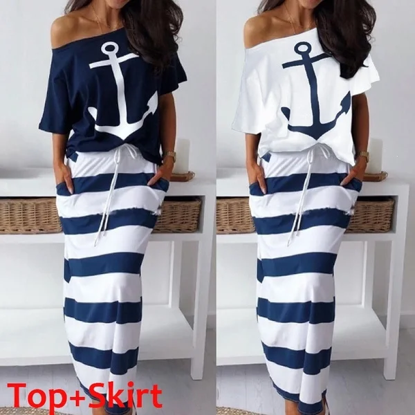 

Fashion Women Anchor Pattern Off Shoulder T-Shirt & Striped Maxi Skirt Sets Two Pieces Dress Plus Size