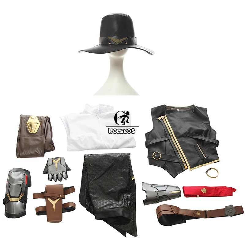 ROLECOS над игрой часы Эш Косплей Костюм OW Ashe елизания Каледония Косплей униформа для женщин полный набор шляпа перчатки