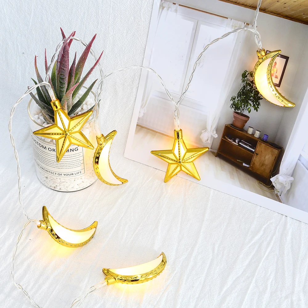 

Pentagram Moon Lamp LED Eid Mubarak Decorative String Lights Ramadan Kareem Decoration Muslim Islam Party(1200mm/47in 10 Lights)