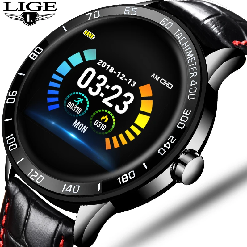 Смарт часы LIGE мужские с кожаным ремешком пульсометром и тонометром|Смарт-часы| |