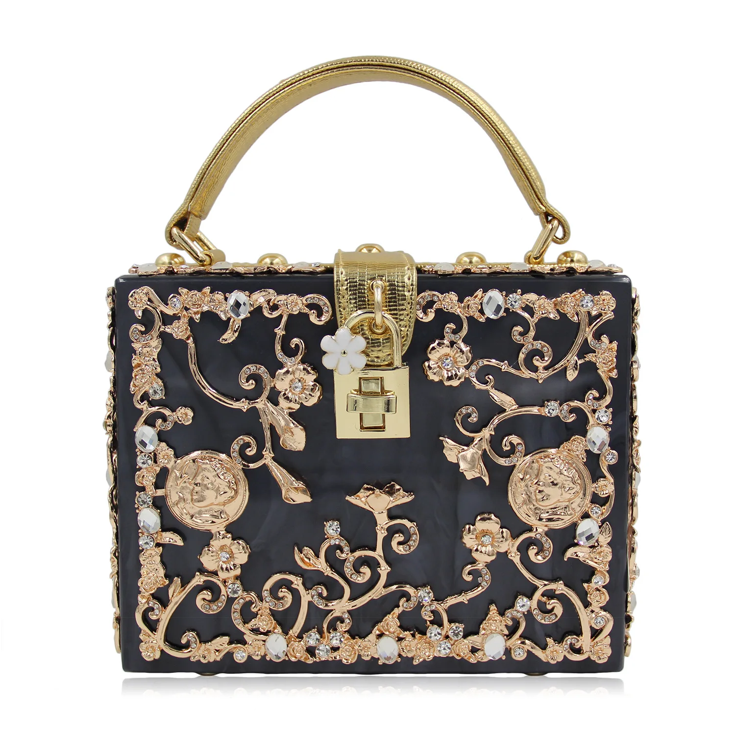 

Luxury Box shape Tote Women Handbag Brand Acrylic/ PU Relief Black Evening Clutch Bag Ladies Prom Party Purse Shoulder Bag