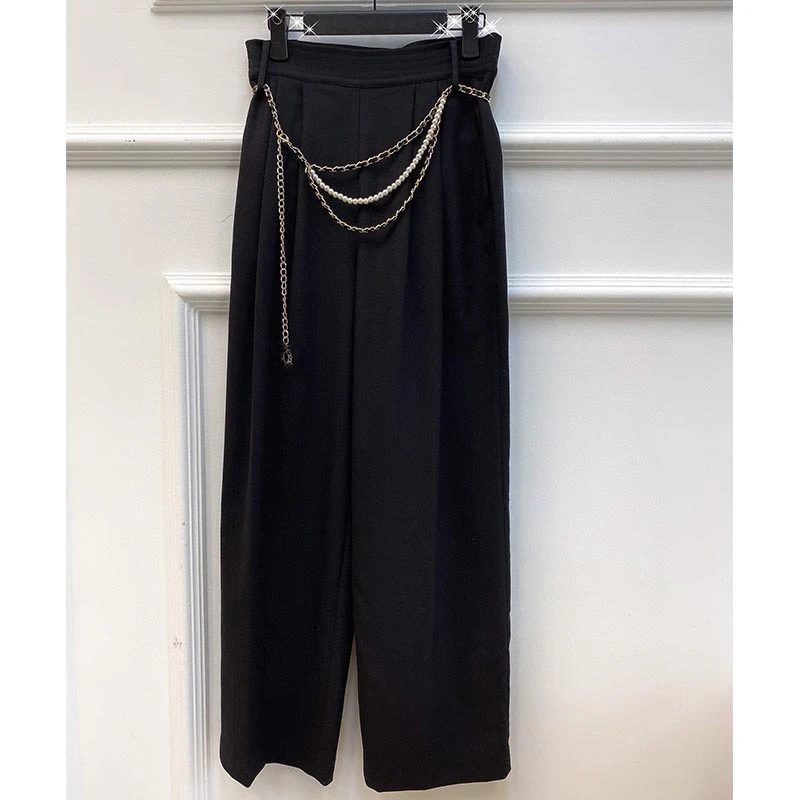 

Women 2021 Autumn Winter Wide Leg Pants Black Wool Trousers High Waist Pearl Chain Belt Pantalon Femme Ropa Mujer