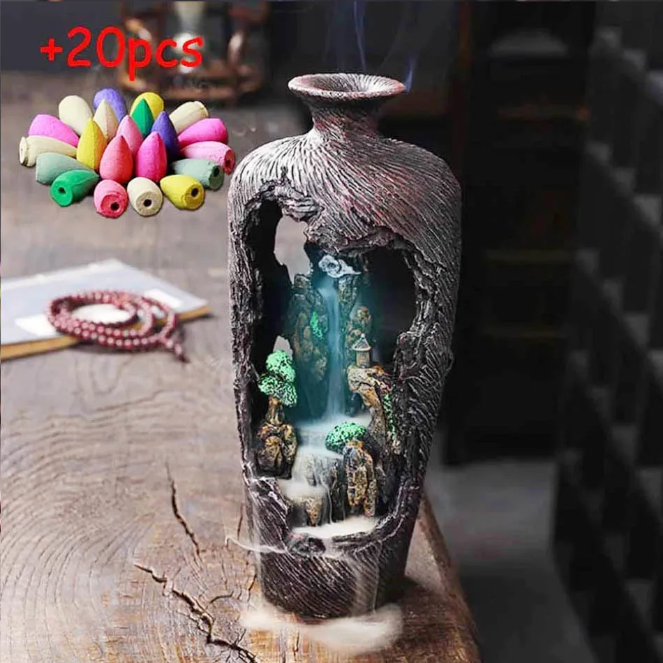 

Mother's Day Gift Mountain River Handicraft Incense burner Ceramic Backflow Waterfall Smoke Small Buddha Incense Holder