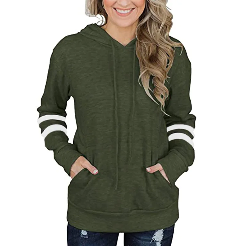

Women Long Sleeve Striped Color Block Casual Hoodies Tops Loose Coat Patchwork Sporty Drawstring Pullover Sweatshirt with Pocket
