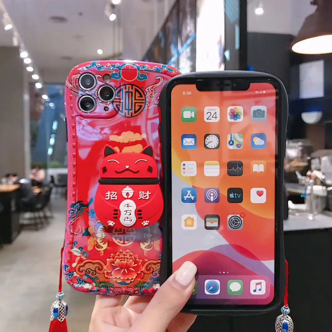blu ray tpu lucky cat cute cartoon mobile phone case for iphone 11 12pro 11promax xs xr drop protection cover with bracket free global shipping