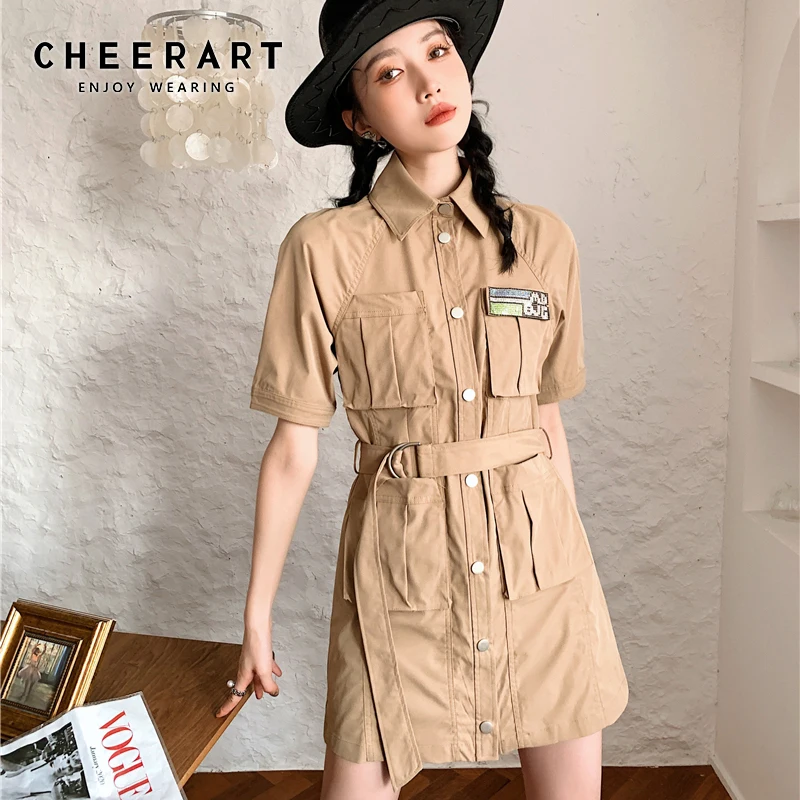 

Летнее мини-платье CHEERART цвета хаки с коротким рукавом, женское платье на пуговицах с накладным воротником, платье-рубашка на шнуровке с пояс...