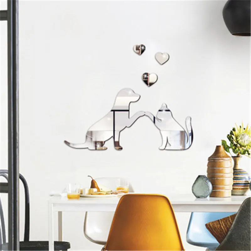 Забавная акриловая Зеркальная Наклейка с кошкой и собакой для детской комнаты