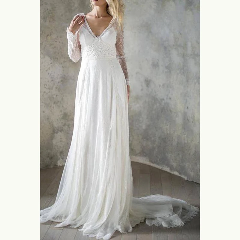 

New Fashion Ivory Lace Long Sleeve Wedding Dresses for Bride Plunge V Neckline Appliqued Bridal Wedding Gowns Open Back On Sale