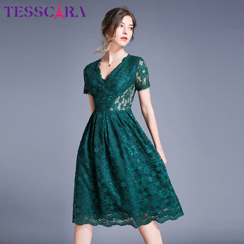 Женское кружевное платье TESSCARA зеленое с треугольным вырезом для офиса на