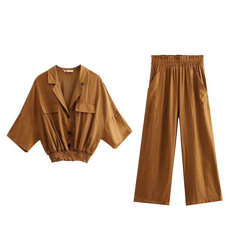 

HStar Women Summer Short Sleeve Blouse Shirts Elastic Female Loose Sets Women Suits Retro Lady Street V-Neck Top