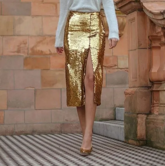 2020 Новое поступление юбки с золотыми блестками высоким разрезом длиной до колена