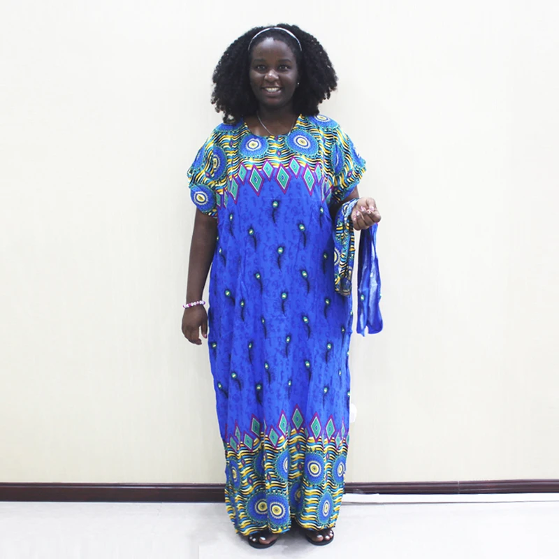 Dashikiage Peacock Feather Print Dress African Dashiki Plus Size Short Sleeve Casual Blue Dresses With Sarf | Тематическая одежда
