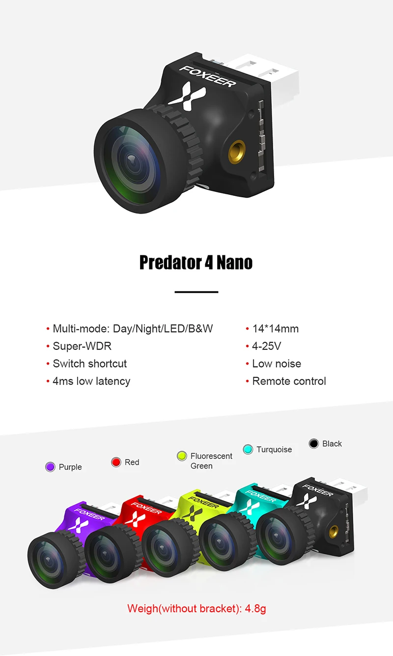 FOXEER Predator 4 Nano All Wether Racing FPV камера 1000TVL Super WDR, OSD поддерживается PAL/NTSC 16:9 4:3 переключаемый для гоночного дрона