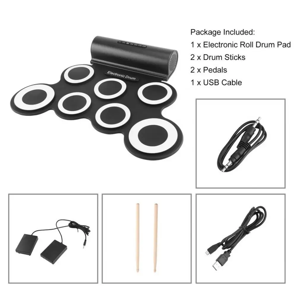 

Portable Roll Up Electronic Drum Set 7 Silicon Pads Built-in Speakers with Drumsticks Sustain Pedal Support USB MIDI 2 Colors