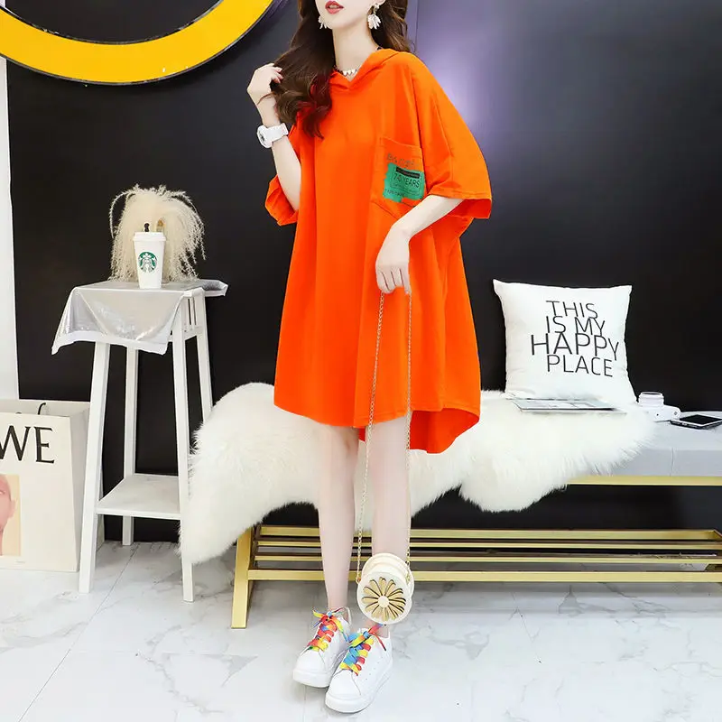 

Hooded short sleeve T-shirt women ins spring and summer 2021 new Korean style foreign style long large size shirt