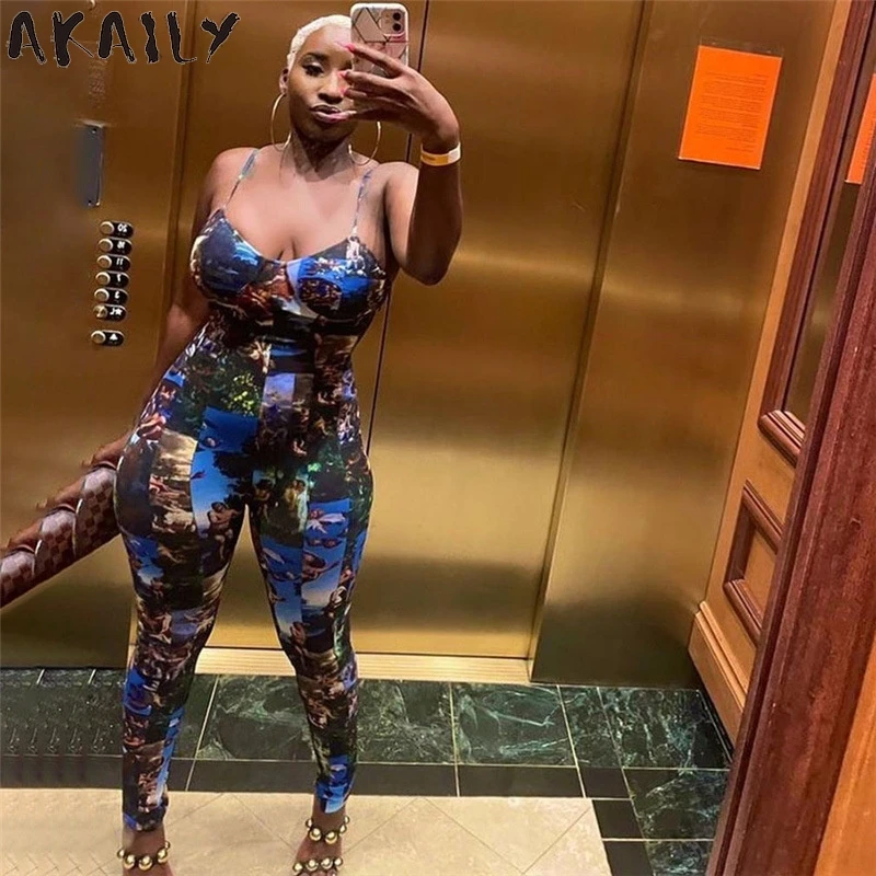 

Akaily Summer Streetwear Slim Print Spaghetti Strap Jumpsuit Women Sleeveless Bodycon Backless Jumpsuit Female Activewear 2021