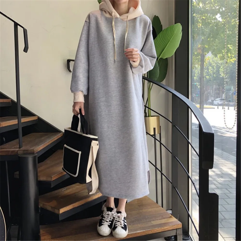 

Spring And Autumn Fashion Japan And South Korea Loose Casual Contrasting Color Hooded Drawstring And Velvet Sweater Jacket Dress