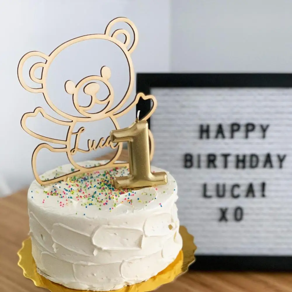 

Bear Baby Shower Cake Topper Custom Name ,Wooen Happy Birthday Bear Cake Topper,Personalized Party Cake Decor Supplies