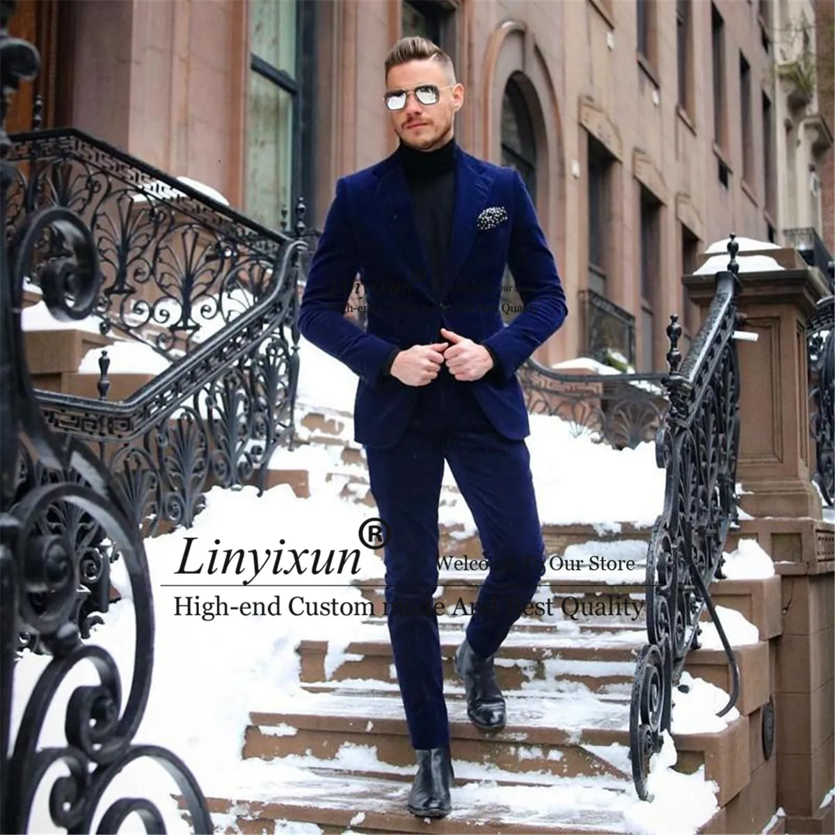 

Dark Blue Mens Slim Fit Suit One Button Velvet Prom Blazers Notched Lapel Celebrity Wedding Tuxedos For Men 2 Piece Jacket Pant