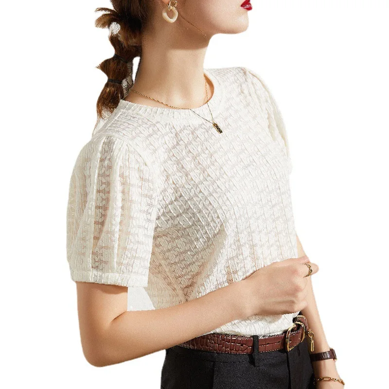

2021 Summer New style White Short Sleeve Lace Base Hollow Puff Sleeve High Quality Top
