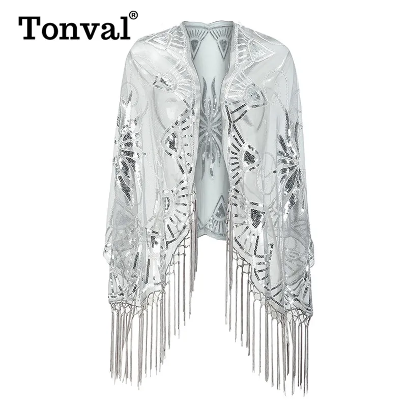 Tonval Luxury Accessory Open Front Vintage Flapper Fringe Shawl Women Going Out Party Mesh Sequin Elegant Cape Shawls