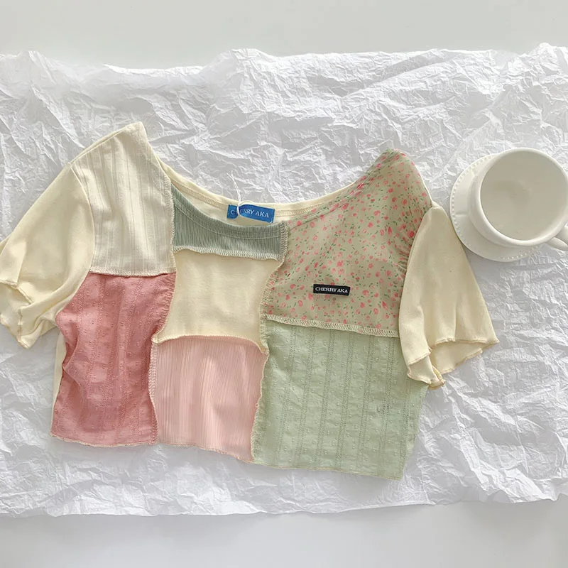 

Summer Tops Tshirts Ladies Pullover Tops Splice High street Women's Clothing Loose Crop Tops O-Neck Short Sleeves Blouse Women