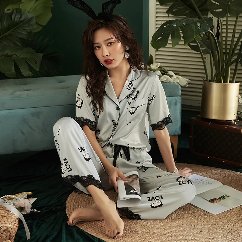 

Lace Short Sleeve Women Homewear Pajamas Suit Satin Nightwear 2PCS Sleep Set Intimate Lingerie Summer New Sleepwear Pyjamas