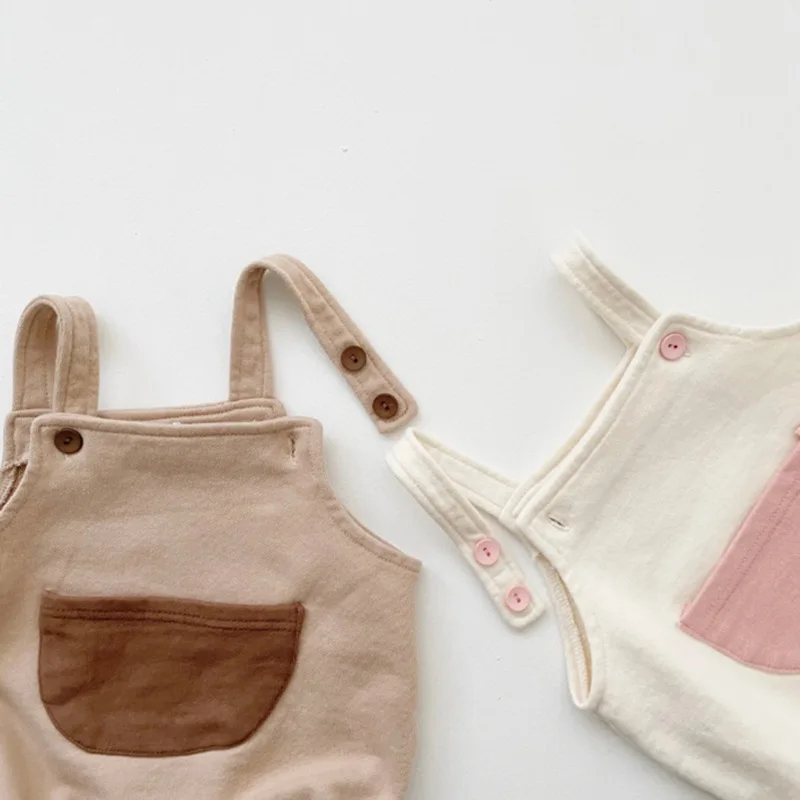 2021 Autumn New Cute Baby Bodysuit Big Pocket Overalls Newborn Infant Jumpsuit Sleeveless Strap Bodysuit + Bunny Ear Hat
