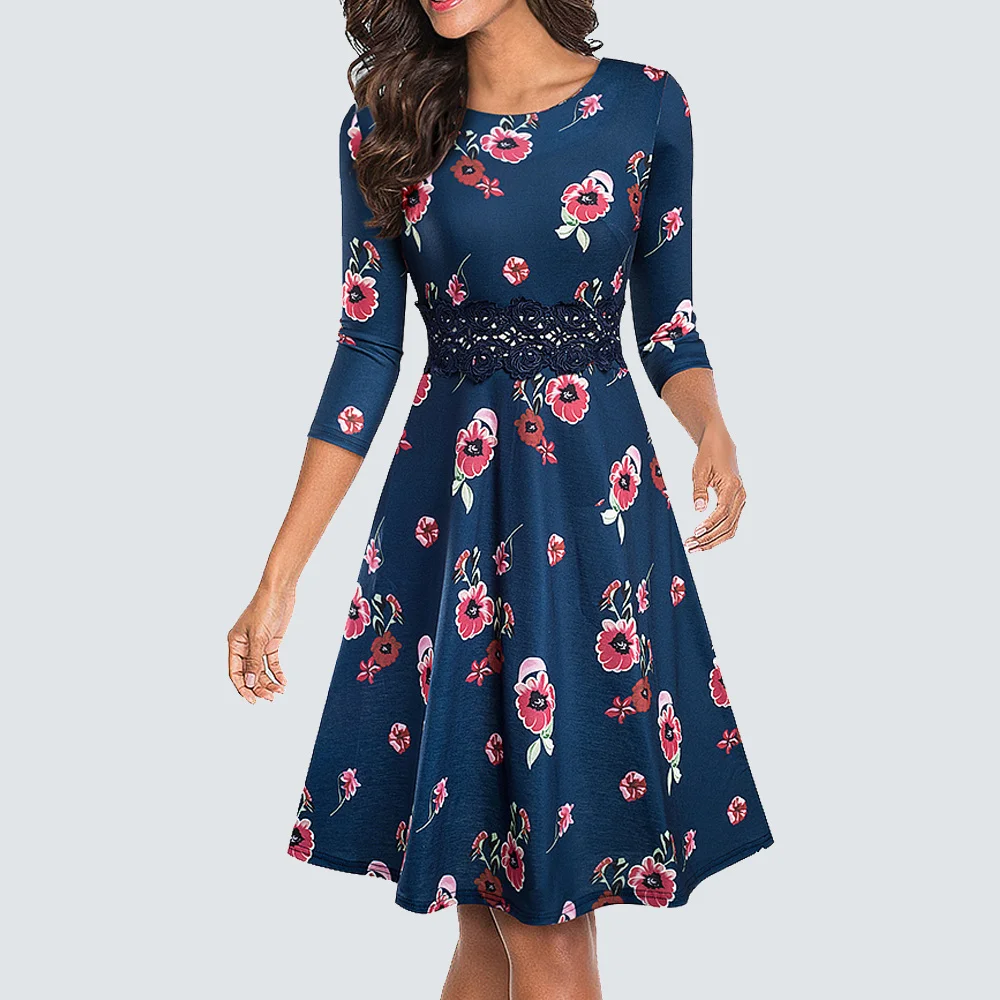 

Women Vintage Casual Round Neck A line Summer Elegant Floral Lace Patchwork Sleeveless Tunic Party Swing Dress HA079